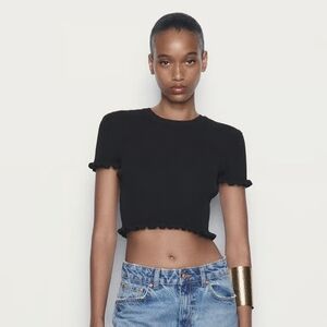 Zara Black Ruffle Hem Ribbed Crop Top